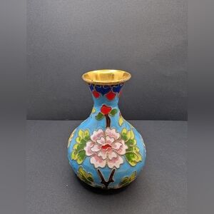 Vintage Cloisonnée Blue and Gold Floral Vase